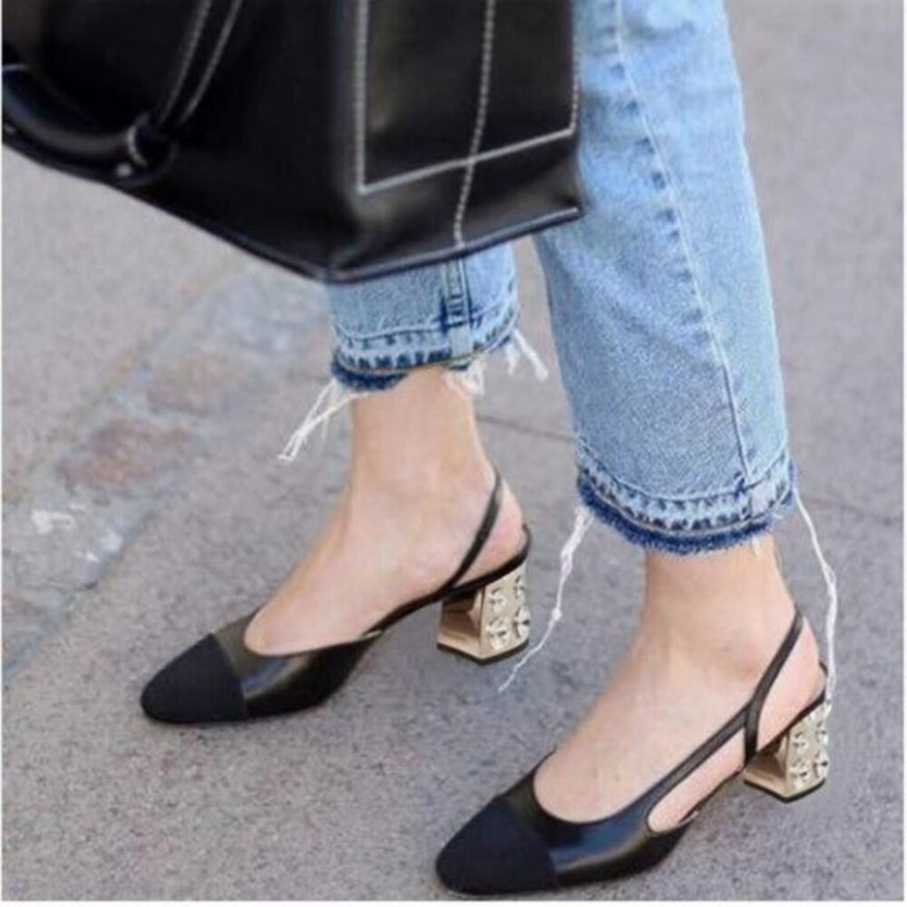 FOWT Black Rhinestone Chunky Heel Pointed Cap Toe Slingback Party Sandal